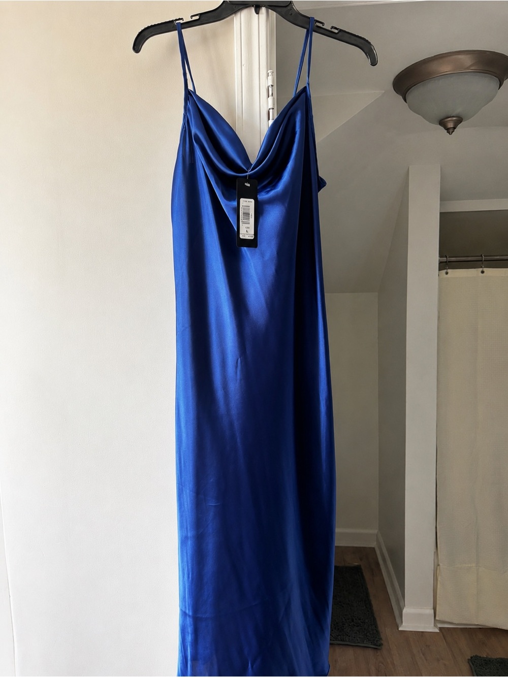 NWT bebe Cobalt Blue Satin Cowl Neck Maxi Dress Size M